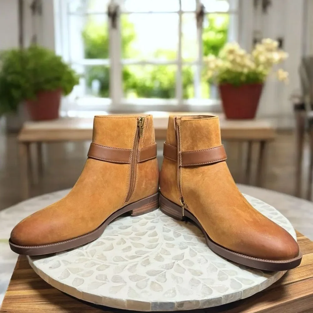 Vionic $190 Rhiannon Equestrian Ankle Boots Cognac Nubuck Leather Buckle Detail